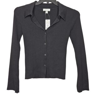 Topshop Ribbed Knit Button Front Collared Top Womens XS Gray Long Sleeve NWT